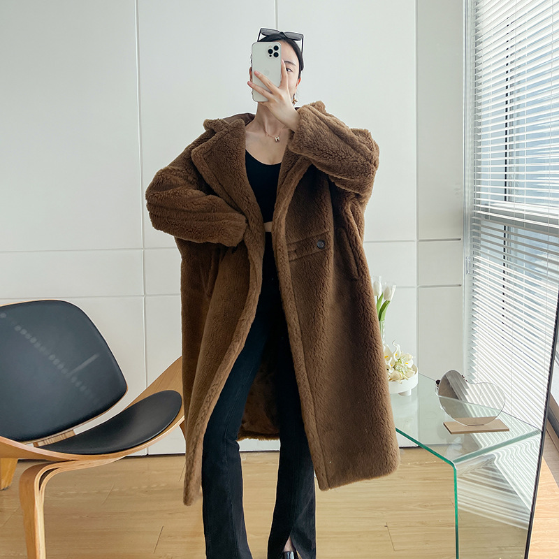 Teddy coat with hood, mid-length, women