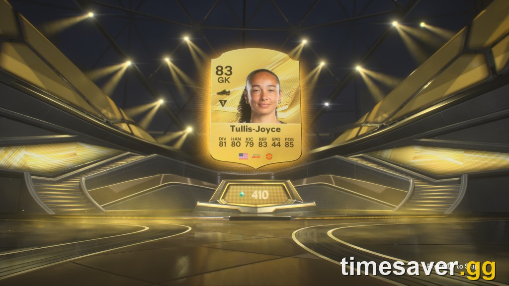 An FC 27 Ultimate Team pack reveal showing an 83-rated gold goalkeeper card on console