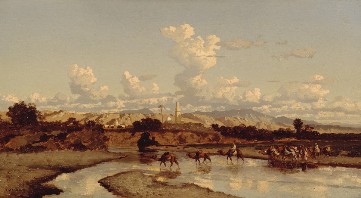 In an oriental landscape a caravan moves through a river 1826 1847