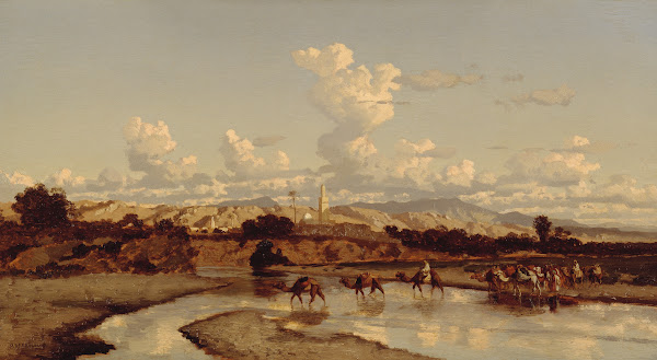 In an oriental landscape a caravan moves through a river 1826 1847