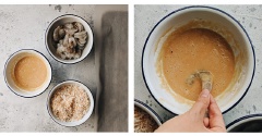 Mở lò nướng ở 200 độ C. Cho bột chiên xù vào khay nướng trộn cùng bột mì và phun một lớp dầu lên trên. Cho khay vào lò nướng 2 phút lấy ra, lắc 1 - 2 lần và cho vào nướng thêm 1 - 2 phút, bột có màu vàng nhạc thì cho ra chén. Chuẩn bị 2 chén, 1 chén cho trứng vào đánh tan, 1 chén cho cho bột dừa vào. Tôm lột vỏ, làm sạch. Đầu tiên nhúng tôm qua chén trứng gà cho thấm đều.
