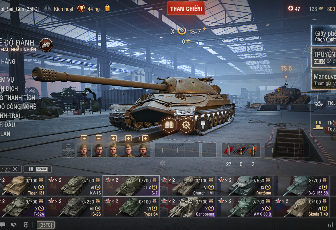 Acc World of Tanks PC sở hữu 5 tank X gồm IS-7, T-62A, AMX 3...