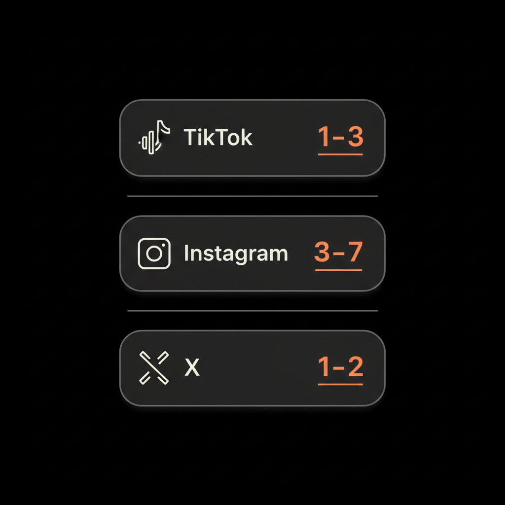 Minimal stacked-card infographic showing recommended hashtag ranges for TikTok (1–3), Instagram (3–7), X (1–2) in Social Success Hub colors for article which hashtags make content go viral