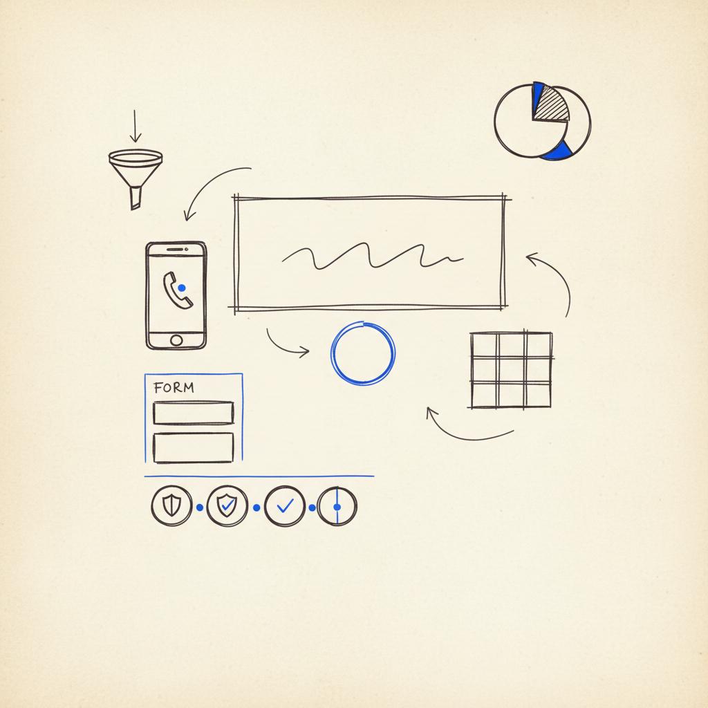 Close-up notebook sketch of a landing page wireframe with phone icon, short form and trust badges in ink and subtle blue accents &mdash; google ads for law firms