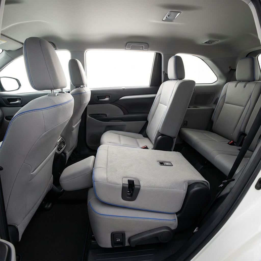 Full frame interior view of Toyota Highlander showing second and third row seating configuration and passenger volume for a toyota suv for sale