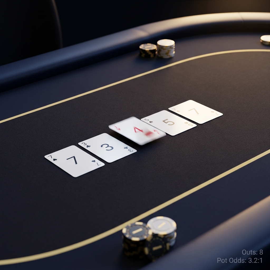 Close up of community poker cards with the river card landing and minimal numeric overlays of counted outs and pot odds illustrating What Is a Bad Beat