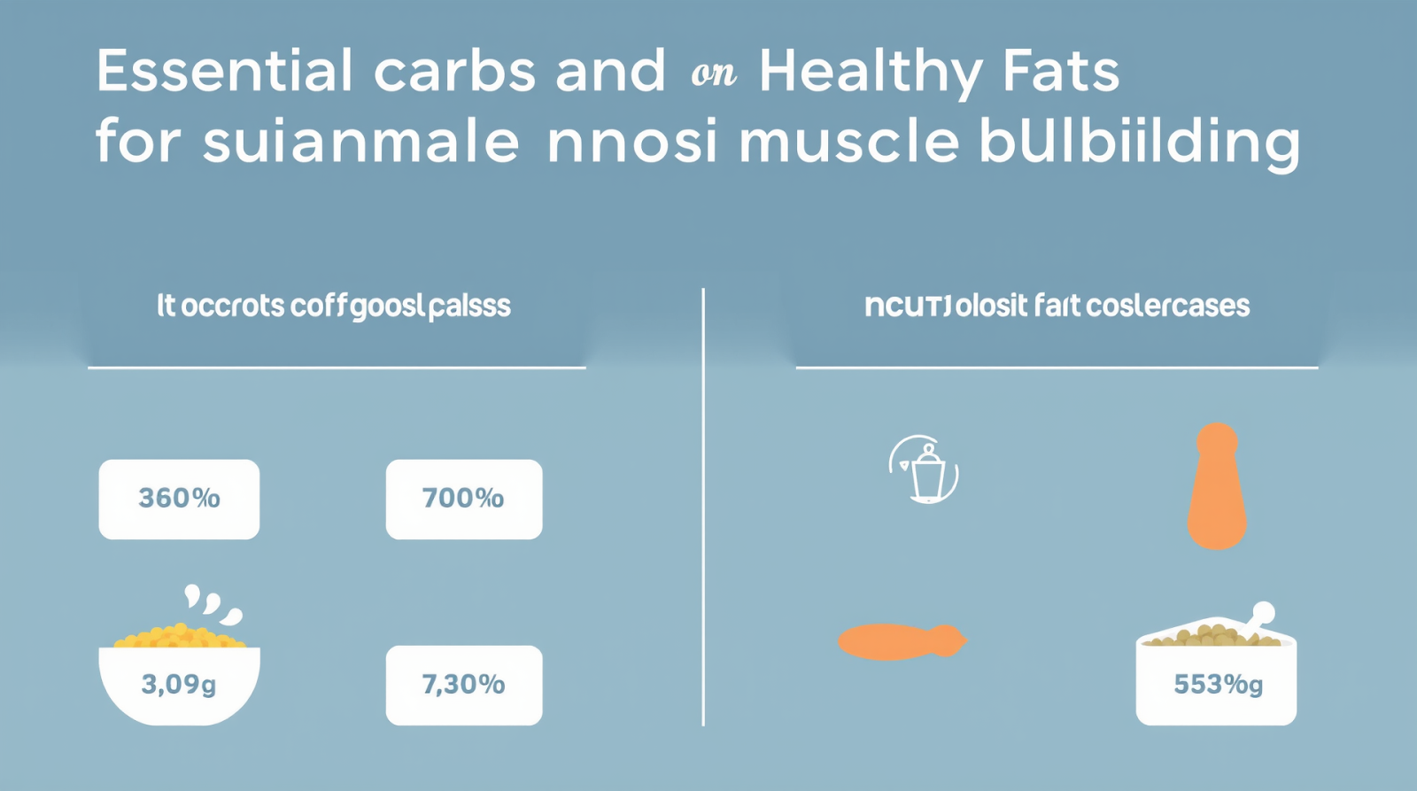 Infographic summarizing key points of essential carbs and healthy fats for sustainable muscle building