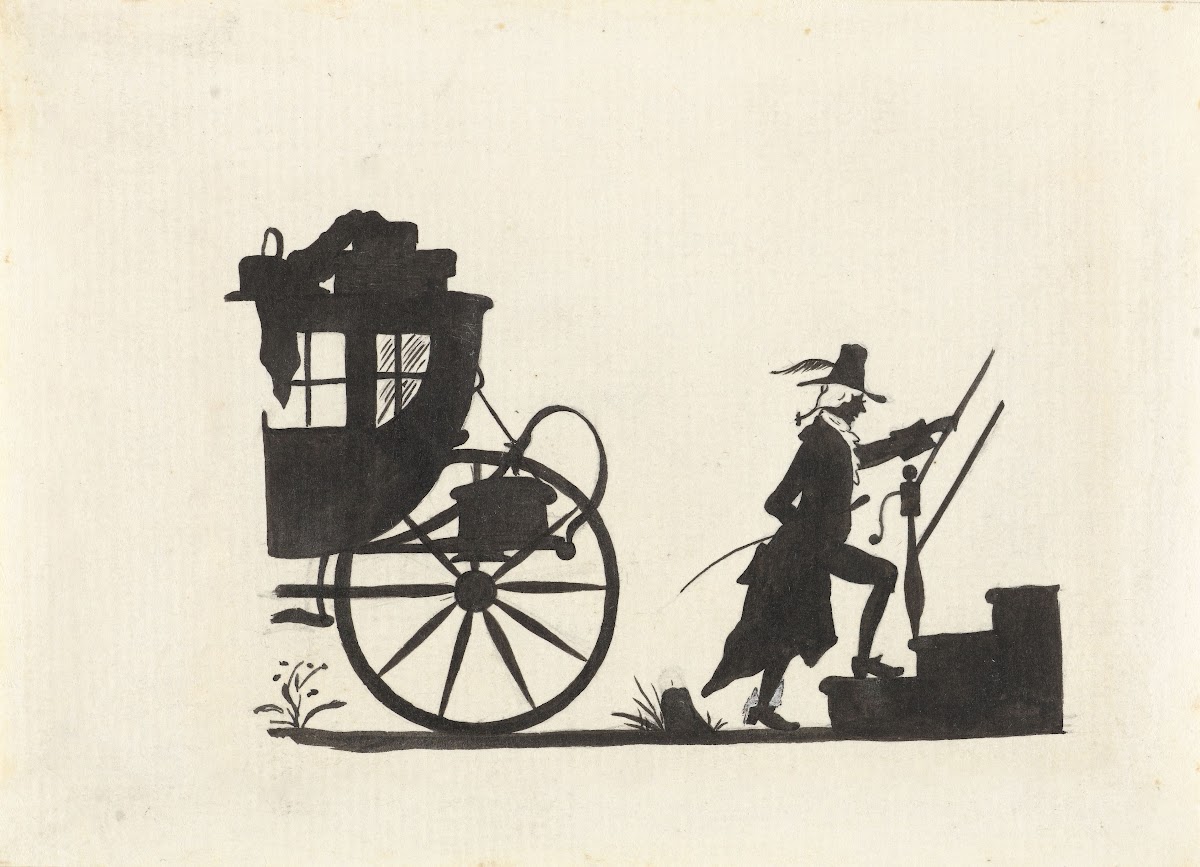 Silhouet van een man die uit een koets een huis binnengaat 1884   1917