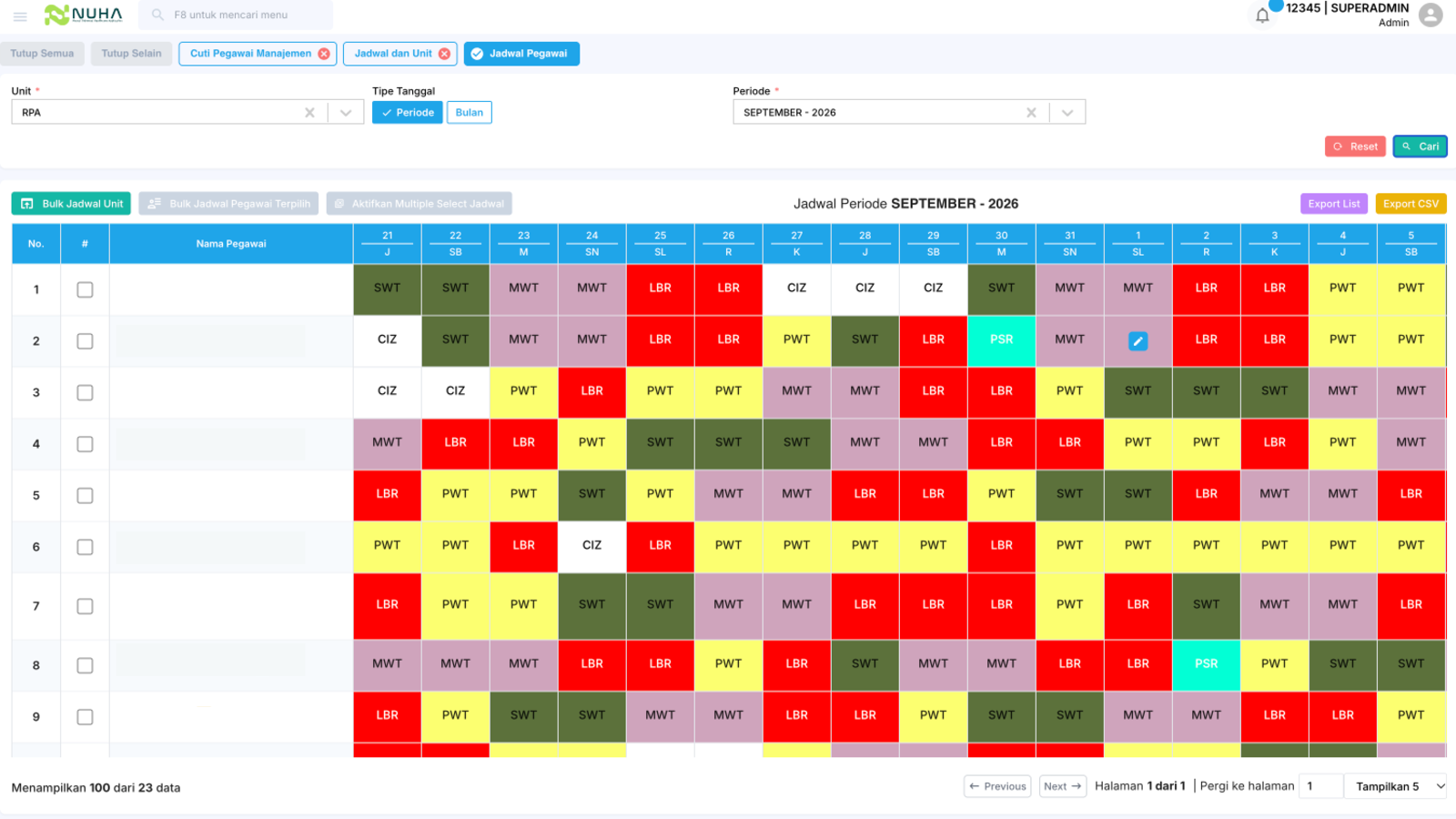 Tampilan fitur Jadwal & Cuti Pegawai pada Time & Attendance NUHA HRIS