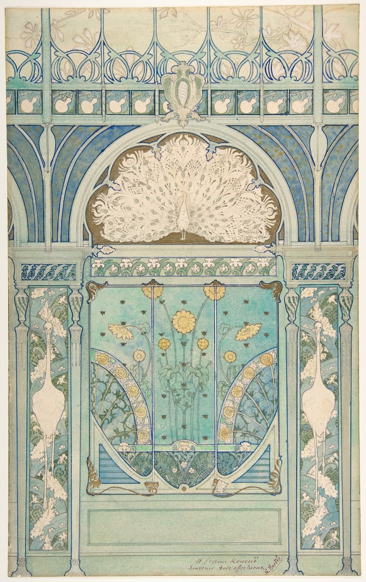 Design For A Wall Decoration With Peacock Cranes And Sunflowers For The Restaura