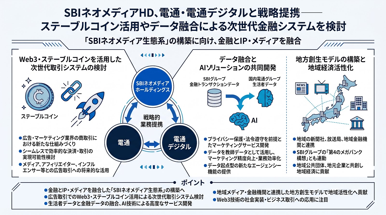 SBIネオメディアHD、電通・電通デジタルと戦略提携──ステーブルコイン活用やデータ融合による次世代金融システムを検討