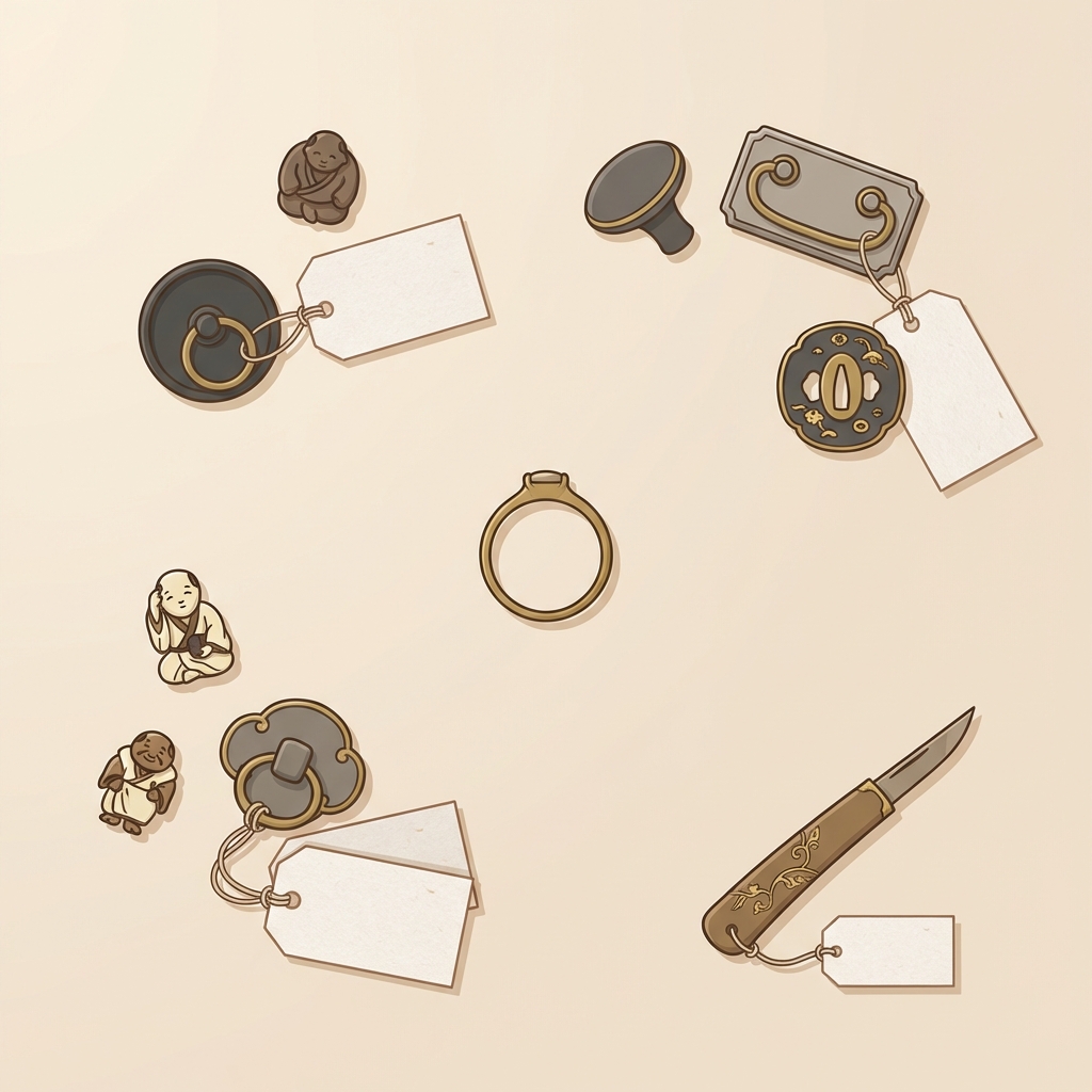 Minimal 2D vector of assorted small Japanese fittings and a single ring on a neutral background evoking ancient japanese rings in a minimalist Aurora Antiqua palette