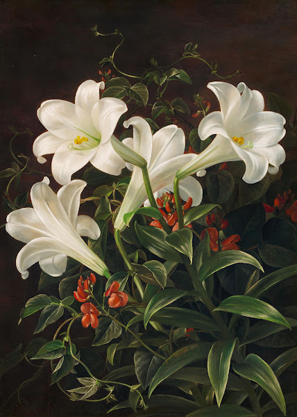 Stillleben mit weißen Lilien und blühenden Lubera Ranken 1843