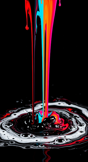 Vibrant Abstract Fluid Art Wallpaper with Dripping Black, Red, Orange, and Blue Swirls - Free mobile Wallpaper