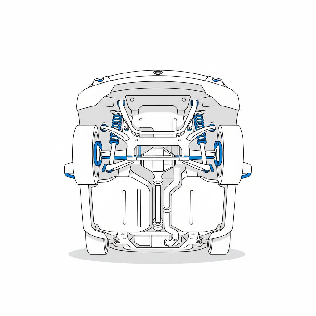 Undercarriage lift view showing suspension control arms and rubber bushings on a Nissan 370Z inspection illustration nissan 370z for sale