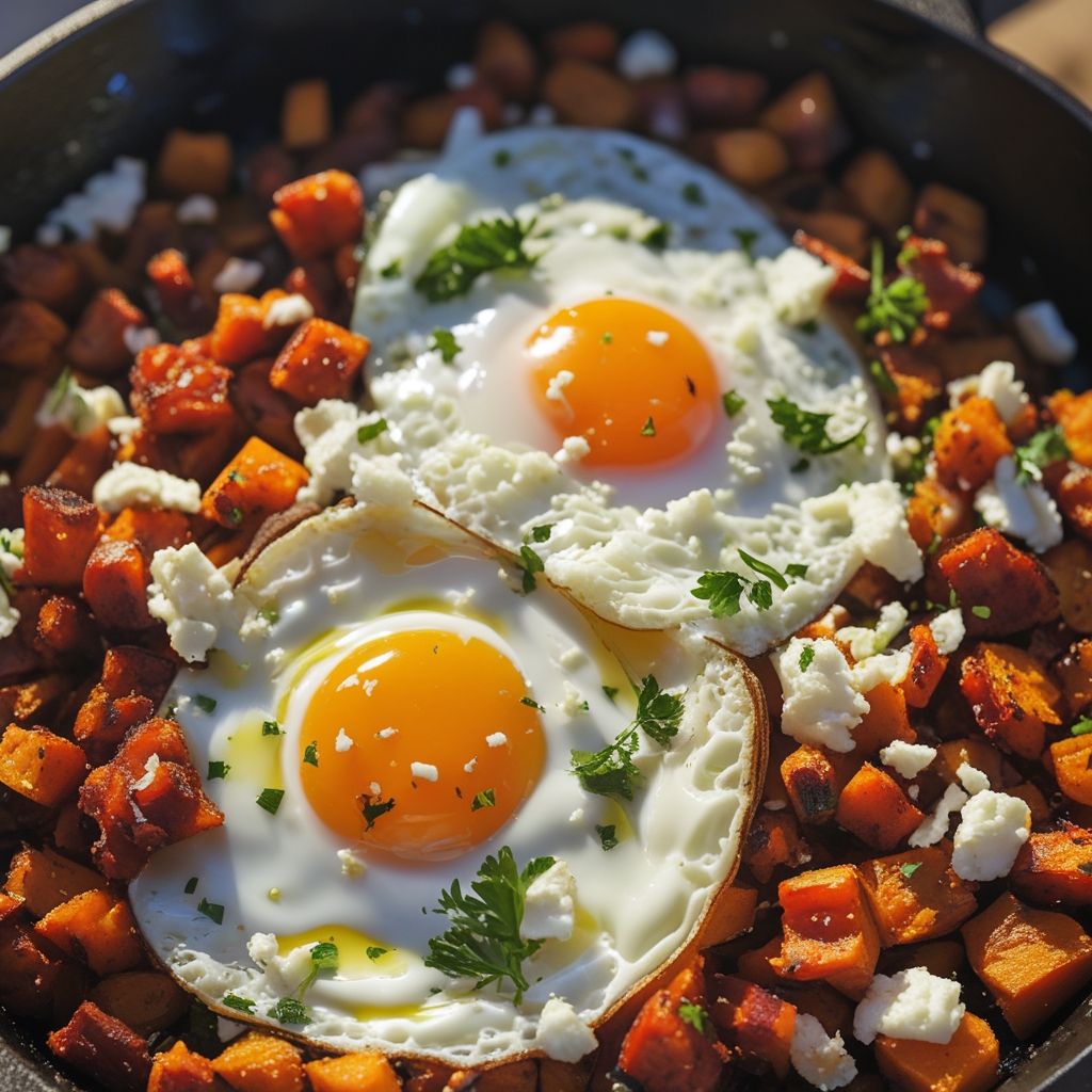 Final Smoky Mediterranean Chorizo & Sweet Potato Breakfast Hash with Fried Eggs