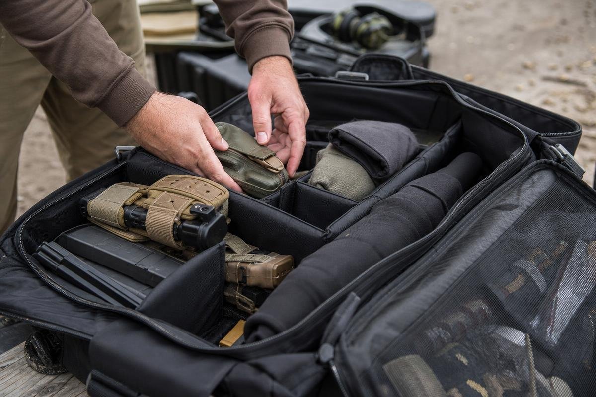 range bag essentials separated into safety gear and useful extras