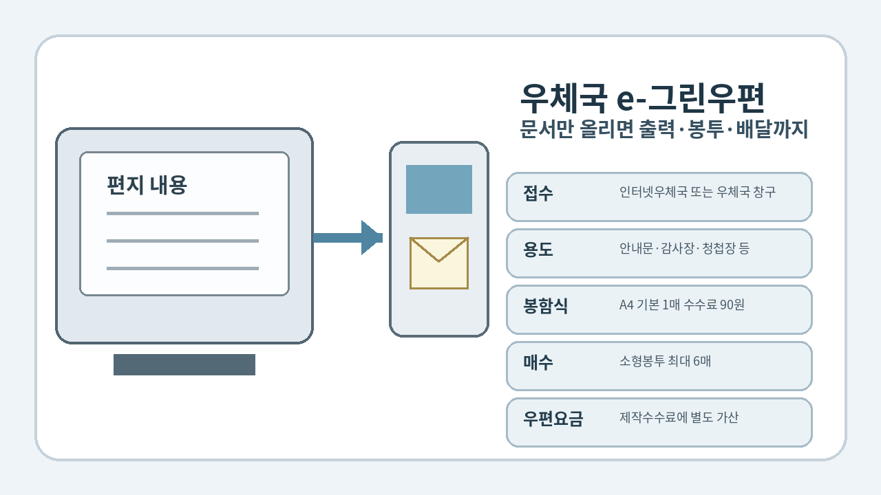 인터넷에서 편지
문서를 올리면 우체국이 출력하고 봉투에 넣어 배달하는 e-그린우편 대표 이미지