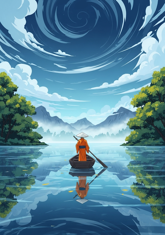 Samurai Paddling on Misty Lake