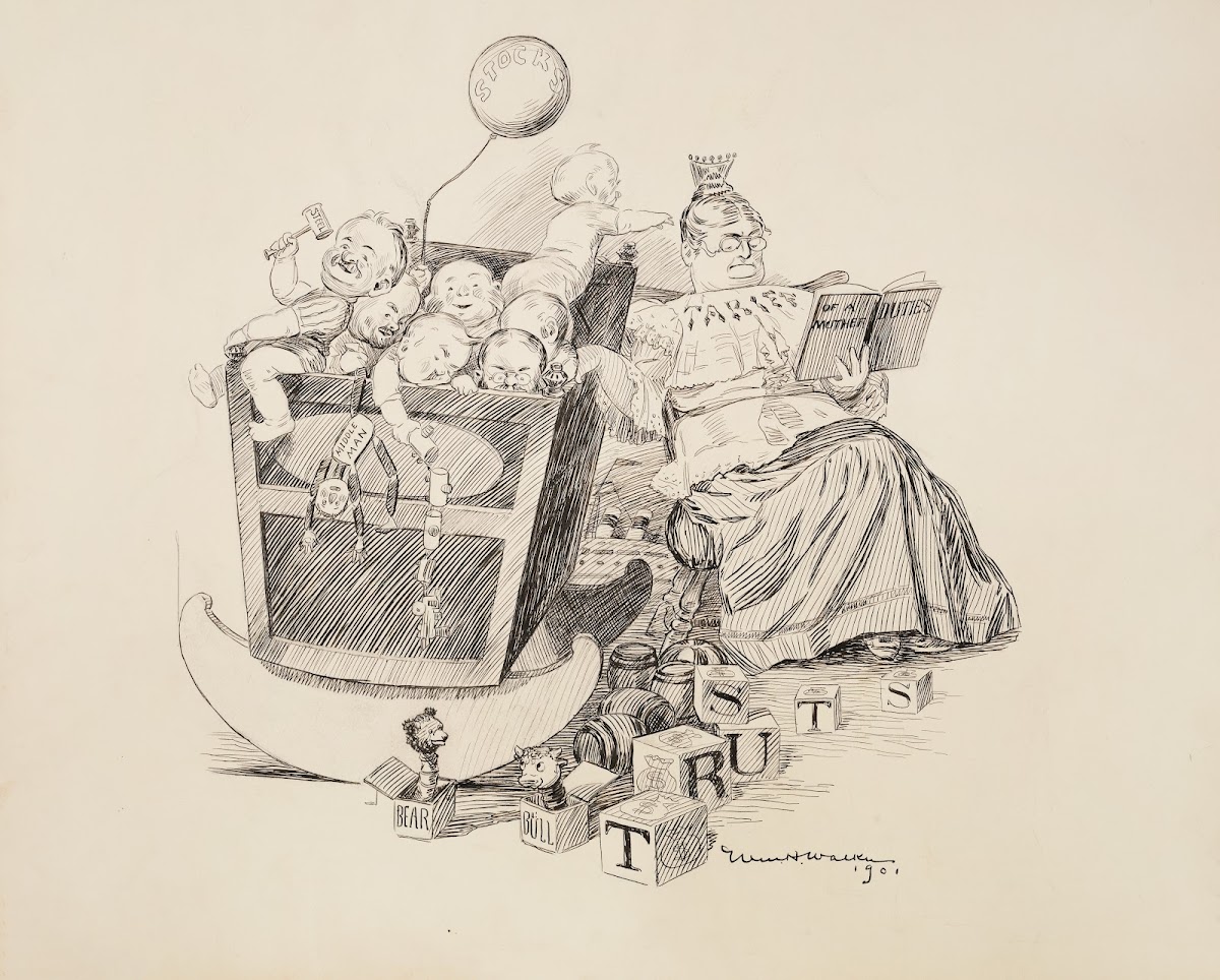 A woman representing tariffs rocks a cradle with many babies representing the Tr
