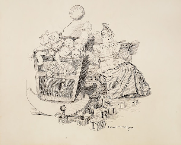 A woman representing tariffs rocks a cradle with many babies representing the Tr