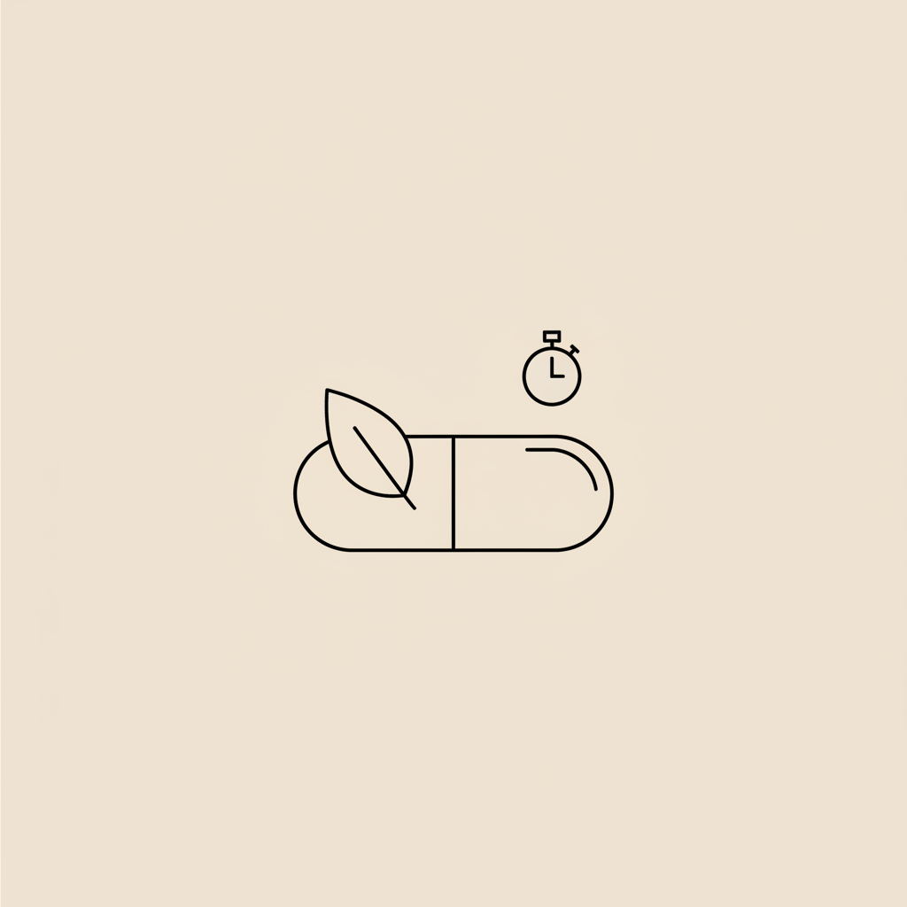 Tonum-style minimalist line illustration of a capsule with a small leaf and stopwatch on beige background suggesting natural ingredients and timing — Nugenix Thermo.