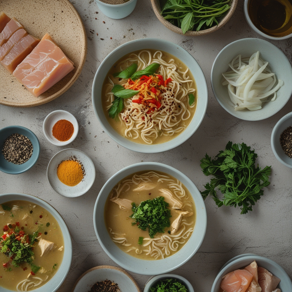 Ingredients for Revitalizing & Spicy Creamy Chicken and Ramen Soup for Spring - Easy Homemade Comfort