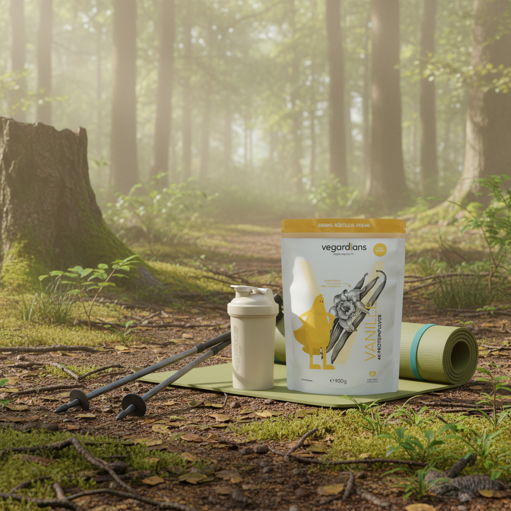 Minimalistische Outdoor-Szene mit Nordic-Walking-Stöcken auf feuchtem Waldboden, geöffneter Vegardians-Shaker und Laufmatte – Motivation zum abnehmen mit nordic walking