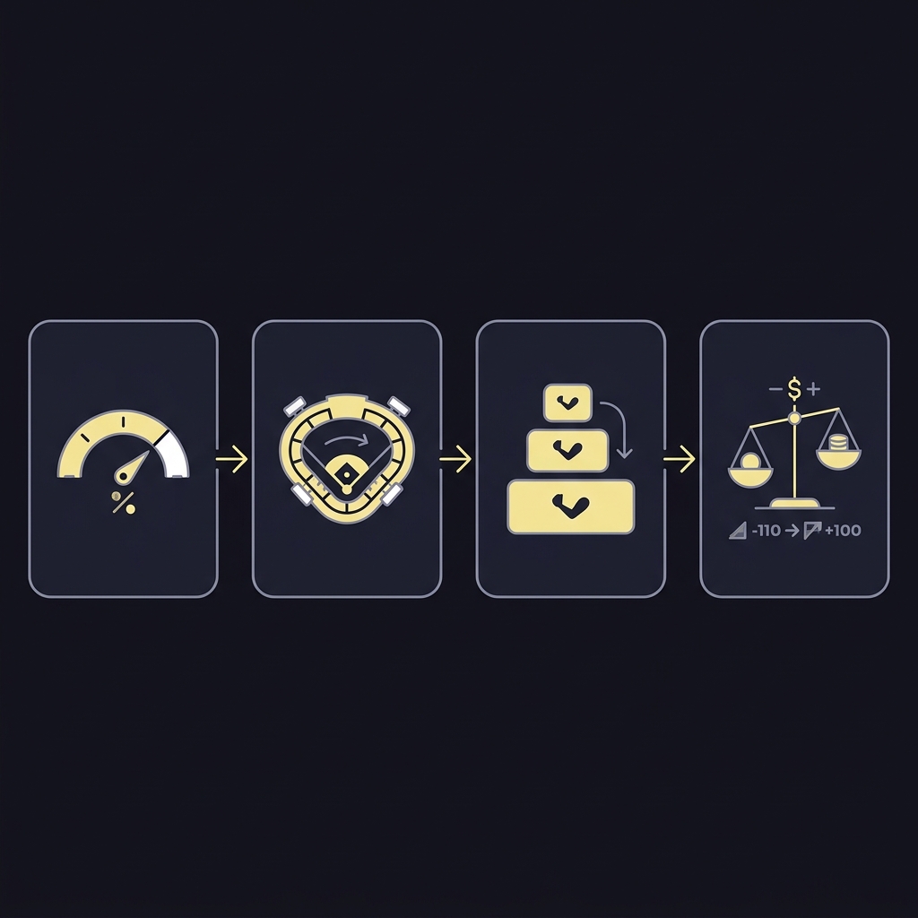 Minimal 2D vector workflow diagram of four icon cards connected by arrows representing odds conversion park adjustment bullpen apportionment and final fair moneyline How Starting Pitchers Influence MLB Odds
