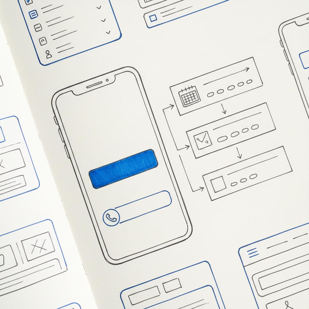 Sketchbook close-up of mobile wireframes for dental website design showing a tappable CTA, phone contact module, and simplified booking flow in brand colors.