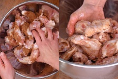 Thịt gà rửa sạch, ướp với muối ớt, nước mắm và dầu ăn trong một cái tô trộn lớn. Bọc tô trộn lại, cho vào ngăn mát tủ lạnh 24 giờ. Khi nướng, bạn lấy gà ra, quét dầu hoặc bơ lên khay nướng, xếp gà lên khay và nướng trong 15 phút ở 425 độ F, sau đó lấy gà ra trở mặt, nướng cho đến khi chín vàng