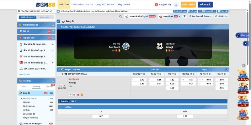 Bảng tỷ lệ kèo trận Den Bosch vs Katwijk ngày 17/12/2025