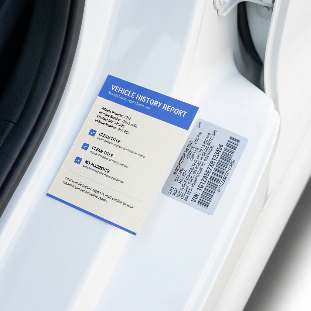Close up of a vehicle history report printout next to a VIN sticker on a car door jamb showing chevrolet impala for sale clean white background with blue brand accents