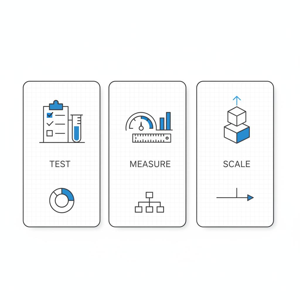 Minimalist 2D vector notebook-style sketch of three icon columns (test, measure, scale) on white background with Agency Visible blue and dark grey accents &mdash; how much to pay for PPC