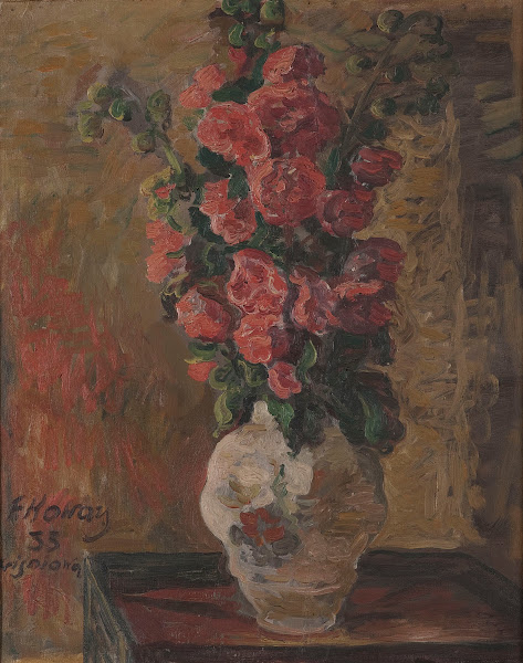 Hollyhocks still life jug with hollyhocks 1933