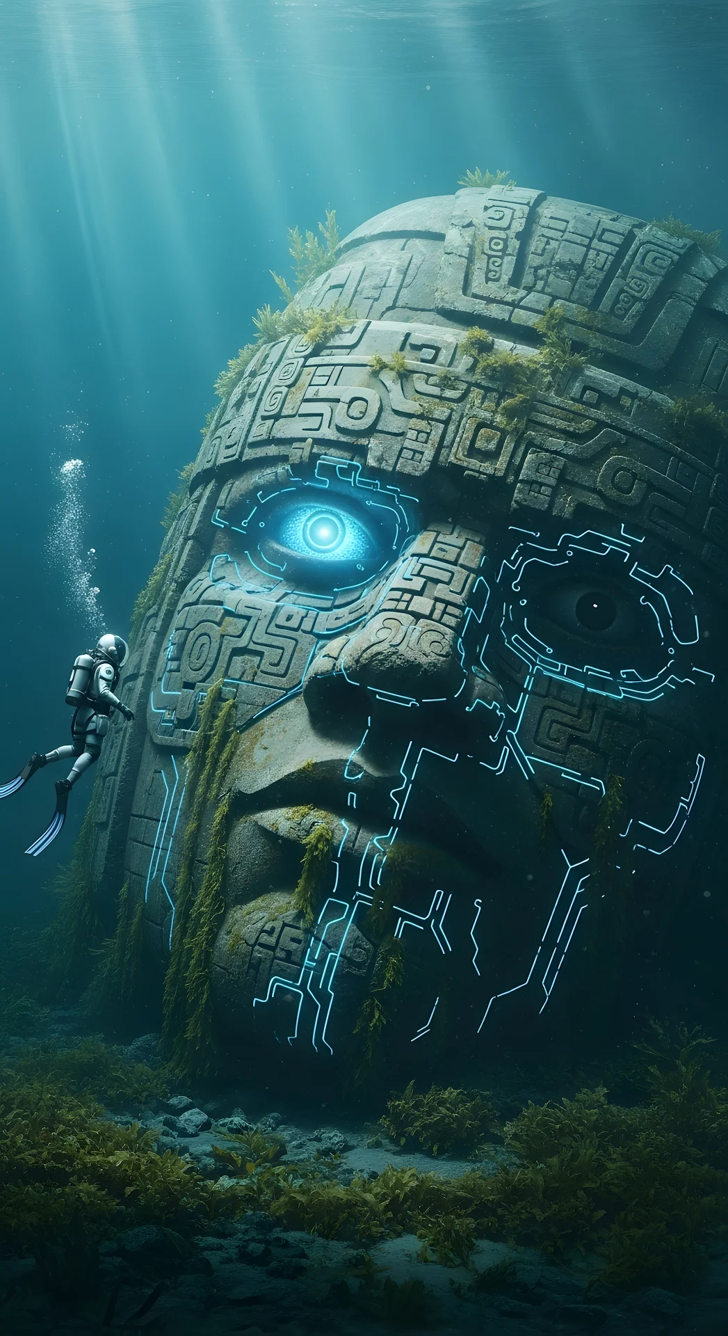 Scuba Diver Exploring Underwater Cybernetic Mayan Statue - Free 4K mobile Wallpaper