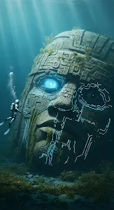 Scuba Diver Exploring Underwater Cybernetic Mayan Statue