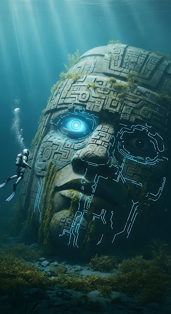 Scuba Diver Exploring Underwater Cybernetic Mayan Statue - Free mobile Wallpaper