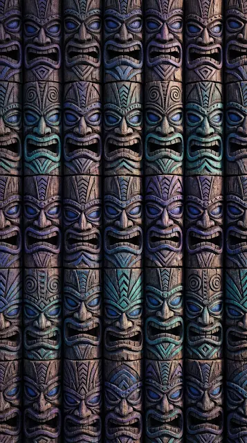 Symmetrical Pattern of Wood Carved Tiki Totem Masks