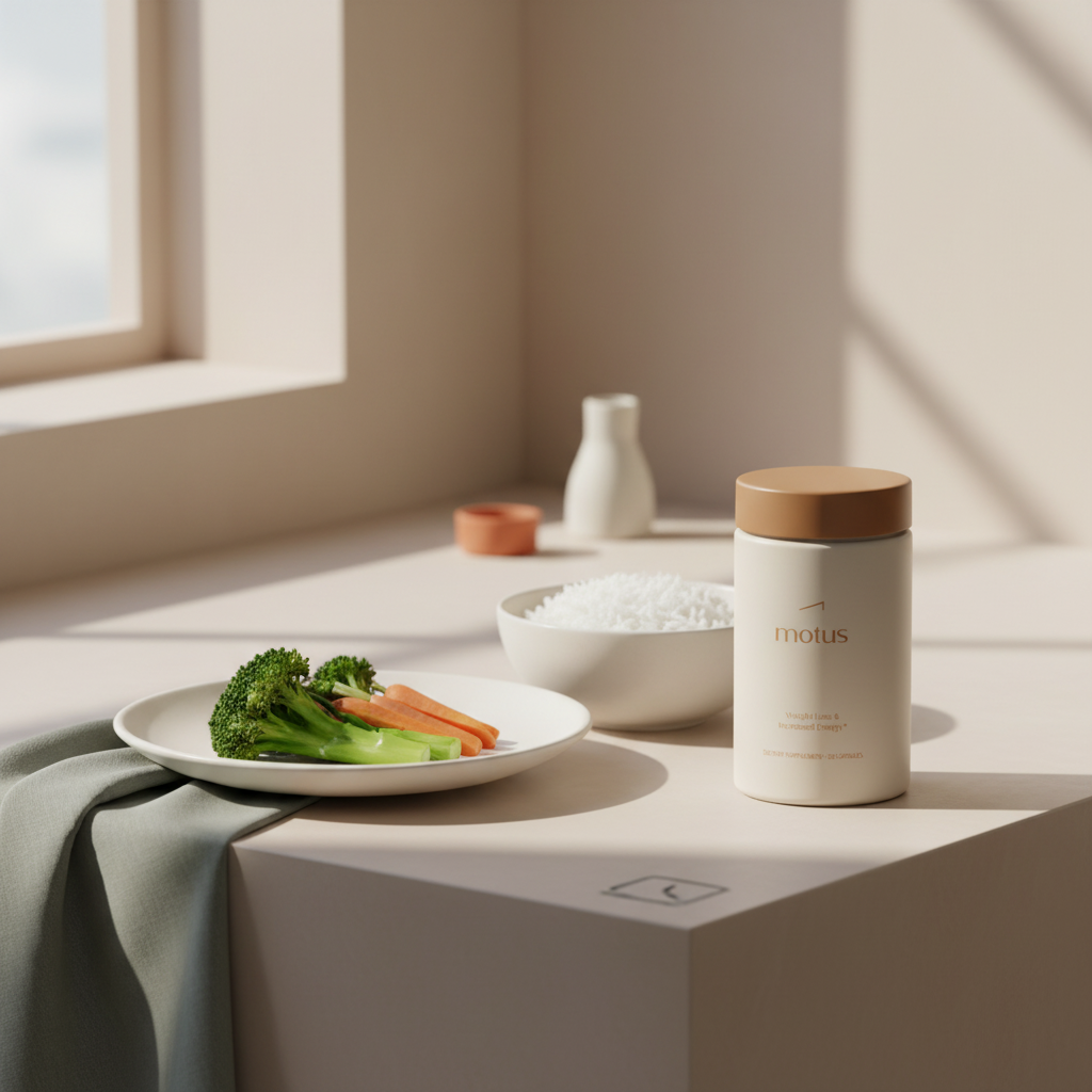 How to get a flat tummy in 7 days? Minimal kitchen scene with Motus supplement jar beside steamed vegetables and plain rice, Tonum colors, soft morning light.