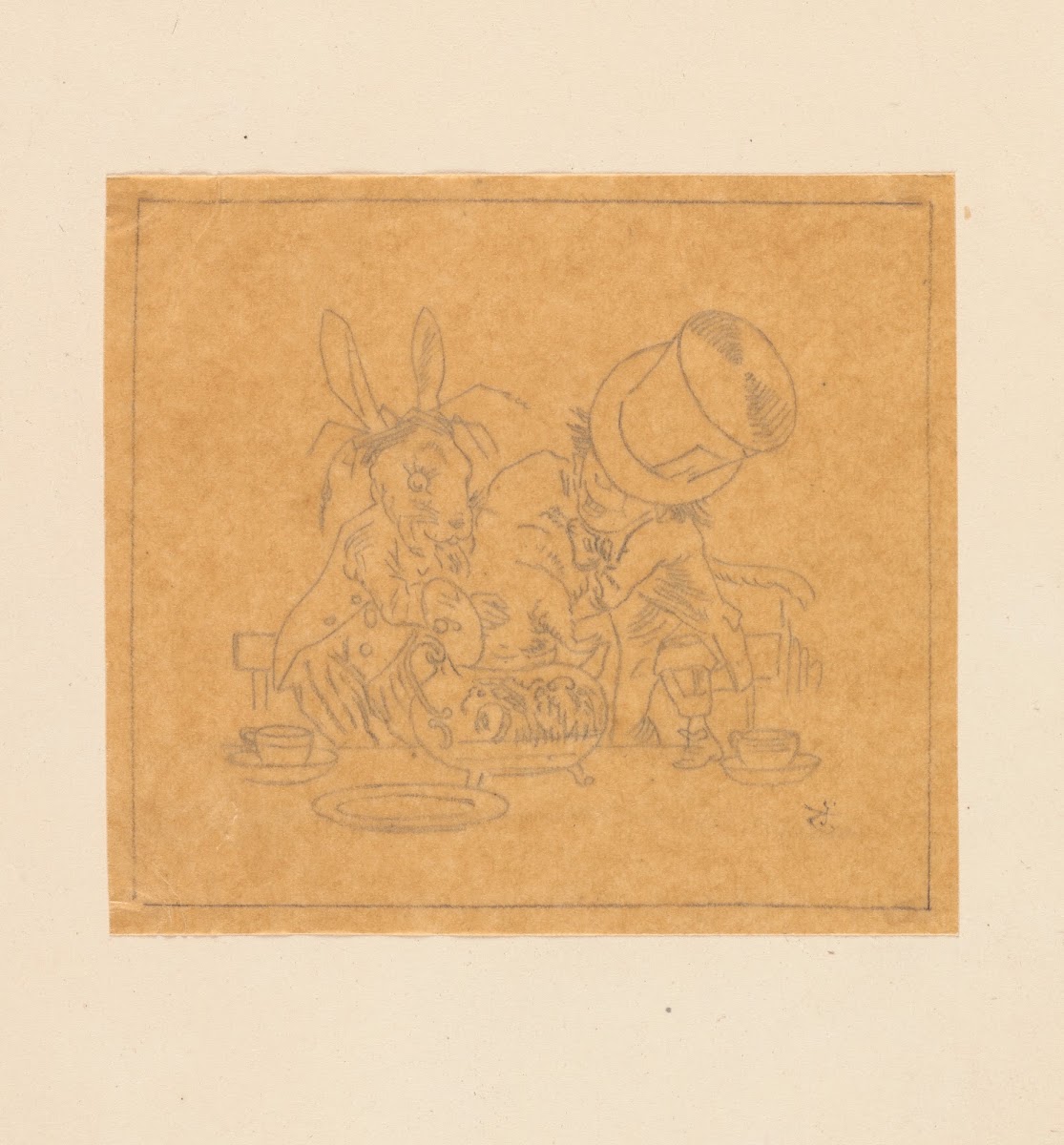 Tracing of Hatter and March Hare putting dormouse in teapot 1866