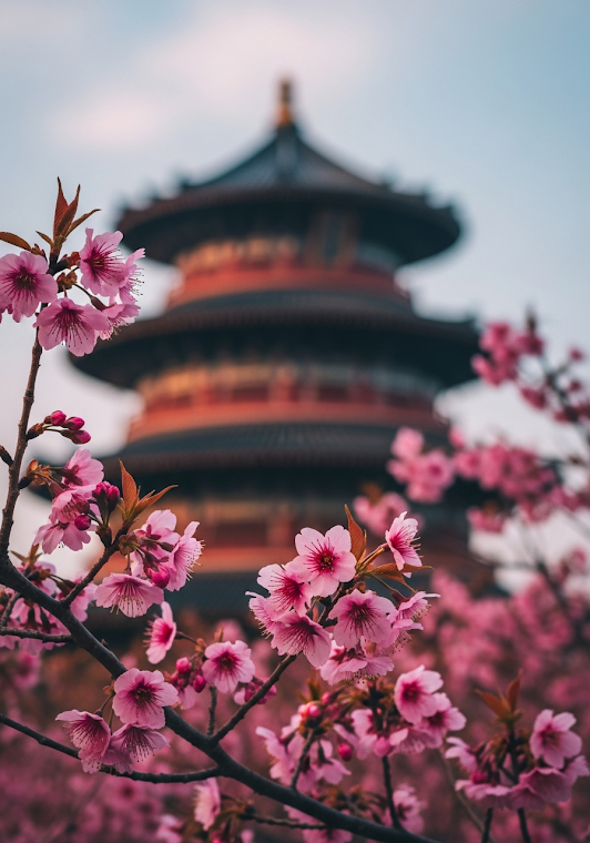 Cherry Blossoms in Front of Temple