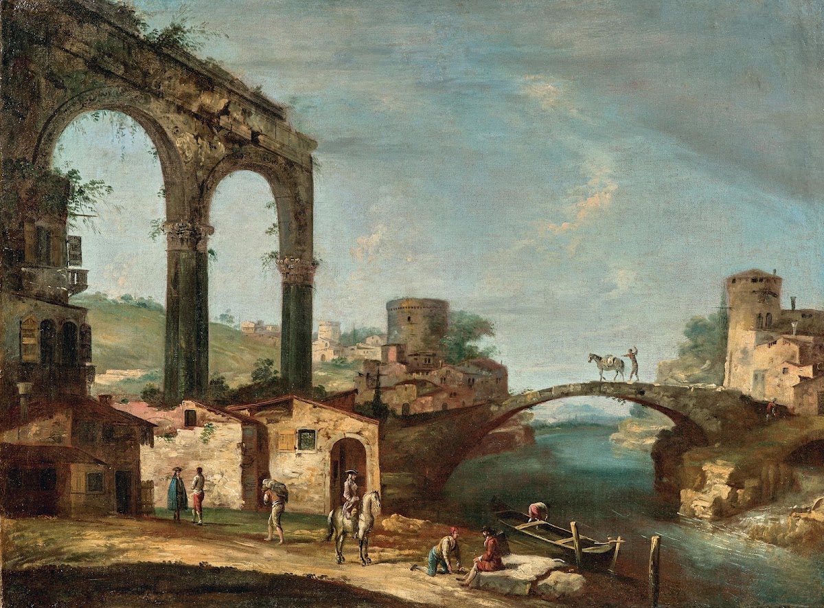 Landscape with classical ruins and figures by a river a bridge beyond