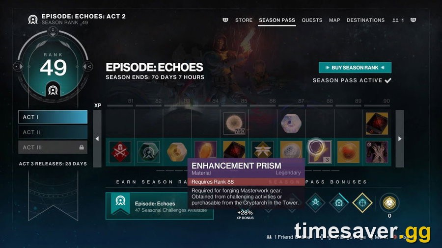 Destiny 2 reward track screen highlighting an Enhancement Prism reward — the Season Pass and Monument of Triumph grant Prisms at set rank milestones