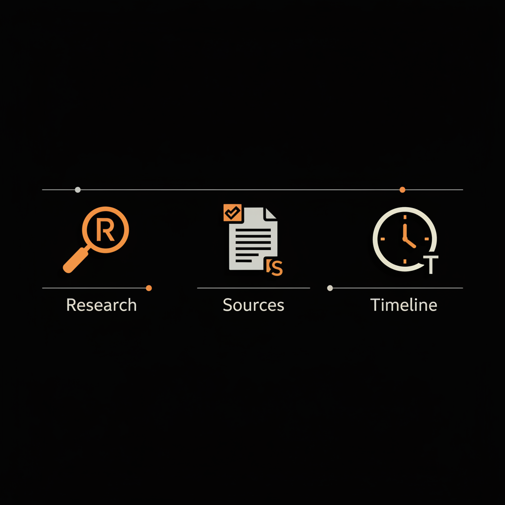 How much do Wikipedia pages cost? Minimal full-frame vector infographic on black background with three icons (magnifying glass, document, clock) in #dc5c2b, #dddddd, #edf1e9.