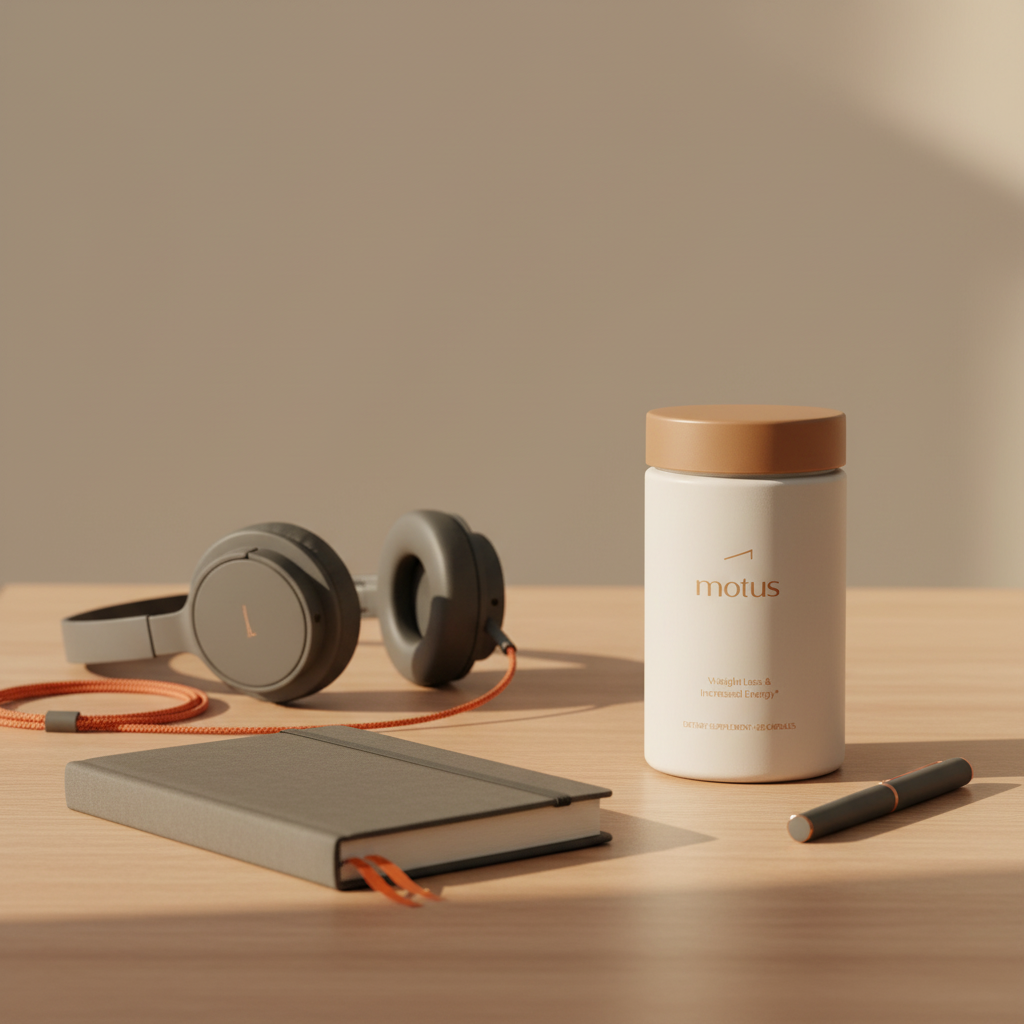 Tonum Motus jar on a wooden table with a journal and headphones in soft natural light, minimalist wellness scene — What vitamin makes you lose the most weight?