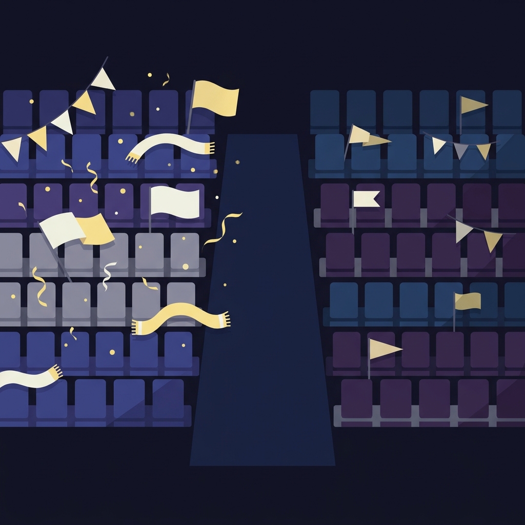 Minimalist 2D vector showing separated home and away fan sections with flags scarves and confetti to evoke matchday atmosphere fulham prediction