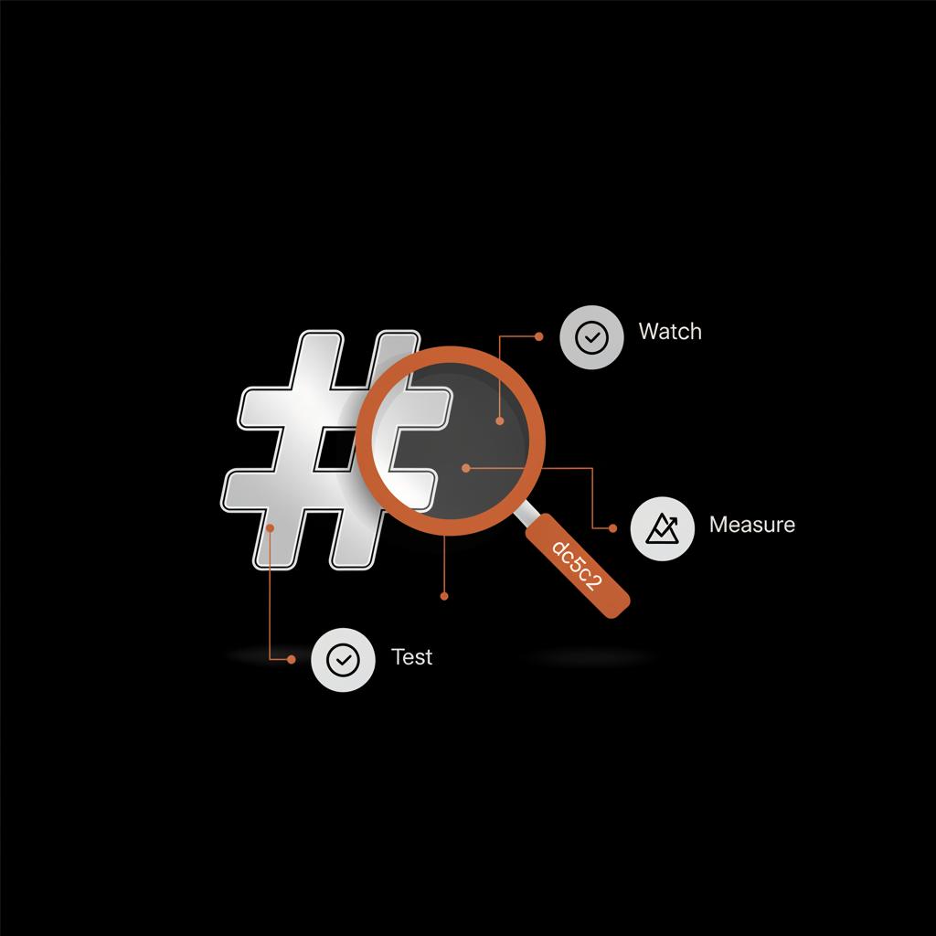 Minimal infographic with a magnifying glass over a hashtag, abstract platform glyphs and labels 'Watch, Test, Measure' on black background — trending hashtags today