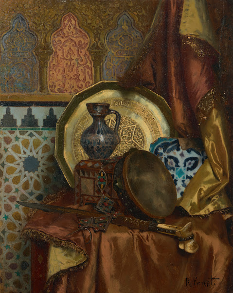 A Tambourine Knife Turkish Box Turkish Jug Moroccan Tile and Plate on a Satin Co