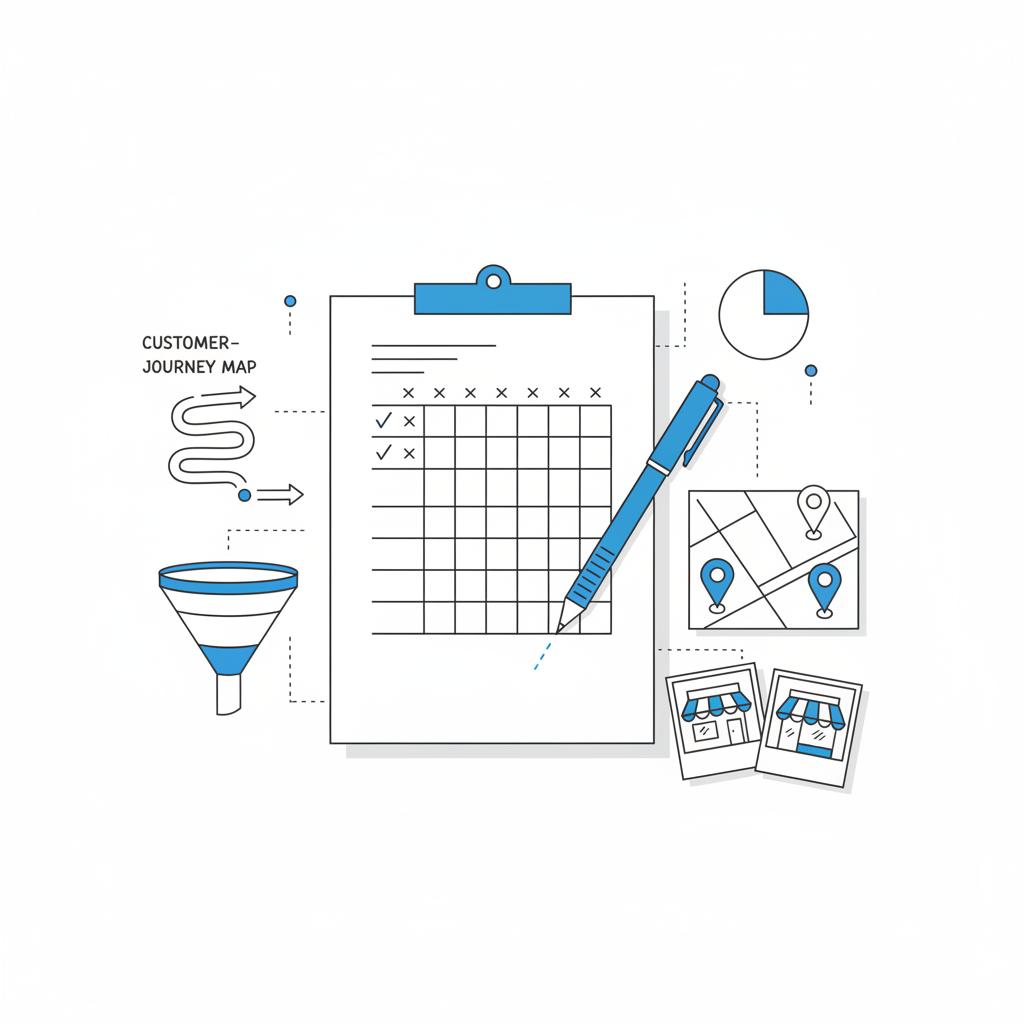 Flat 2D vector flat-lay showing a GBP location audit concept: unreadable checklist, blue-accent pen, map sketch with blue markers and storefront photo prints on white